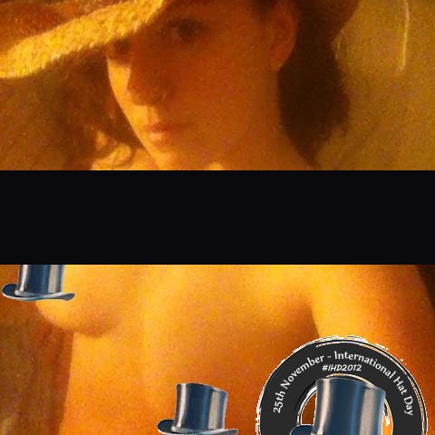 2012 archive photo: a woman in a straw cowboy hat, chest covered by a black censor bar, with the IHD 2012 logo stamp