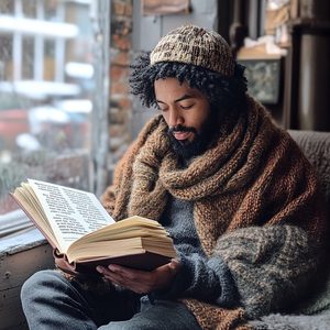 A man in a knitted beanie reading a book by a window