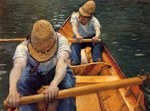 Painting of oarsmen in straw hats